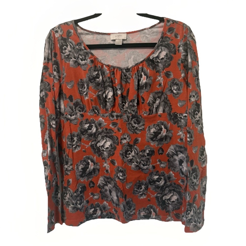 Loft Top Ladies Size Large Floral Red Long Sleeve Pullover Stretch Shirt Womens